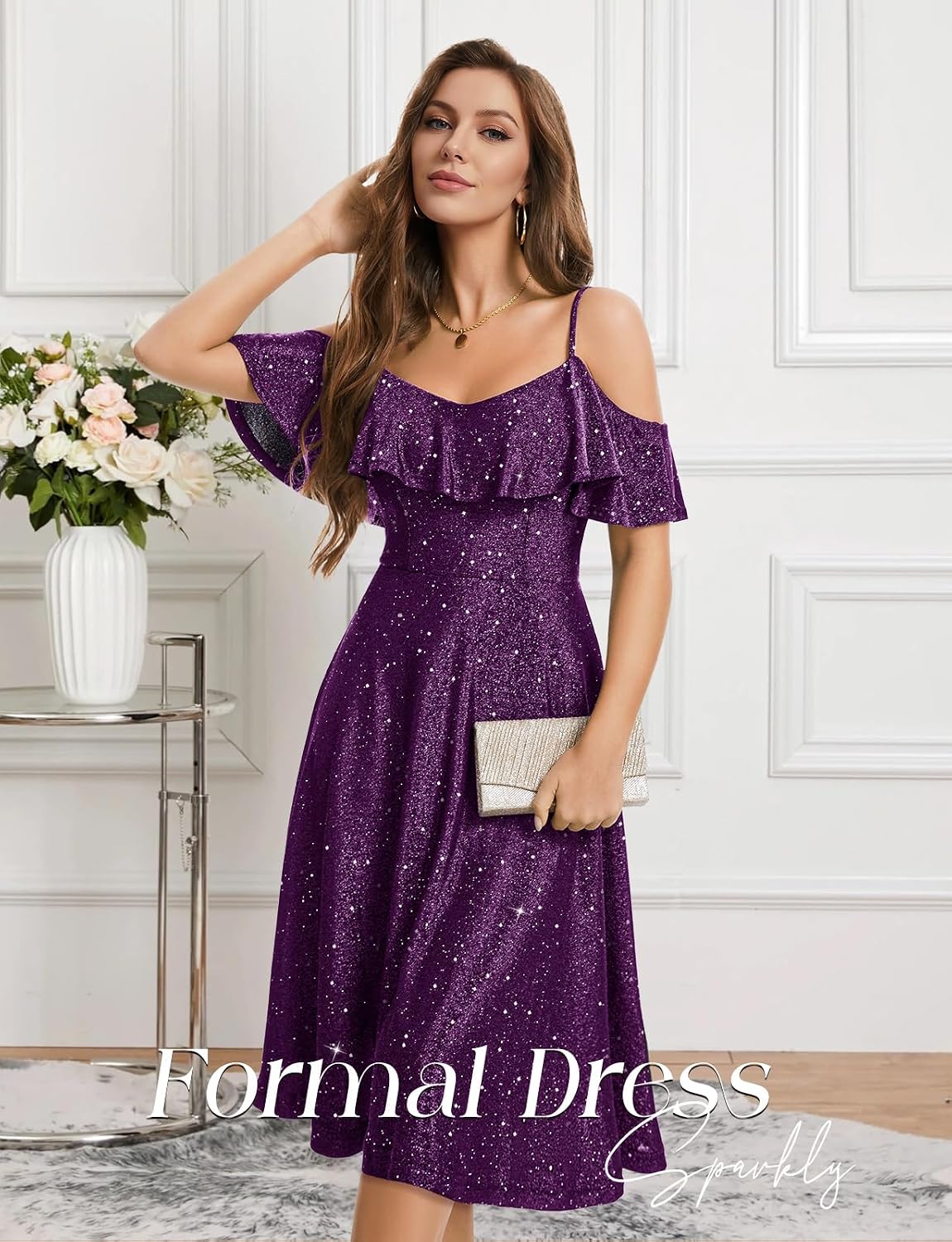 Women's Sequin Off Shoulder Midi Cocktail Dress