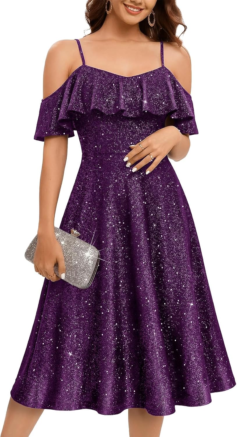 Women's Sequin Off Shoulder Midi Cocktail Dress