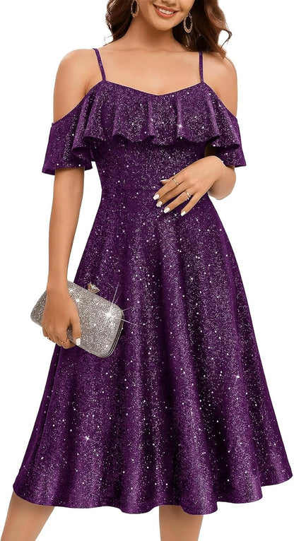 Women's Sequin Off Shoulder Midi Cocktail Dress