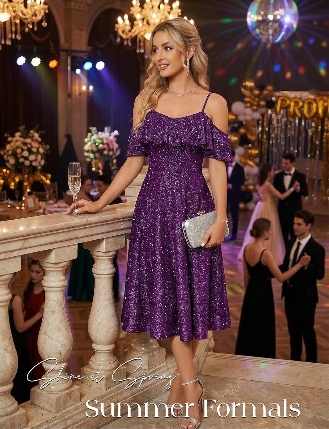 Women's Sequin Off Shoulder Midi Cocktail Dress
