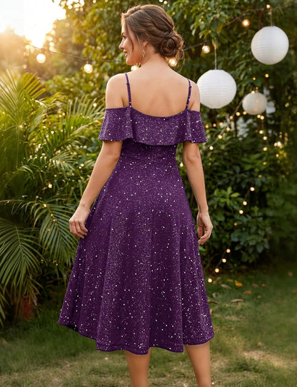 Women's Sequin Off Shoulder Midi Cocktail Dress